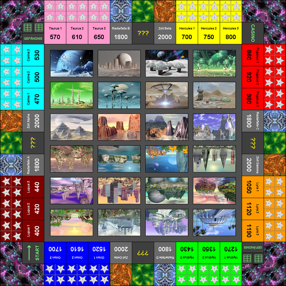 Spielbrett von Planetopoly (Version von Monopoly im Weltraum)